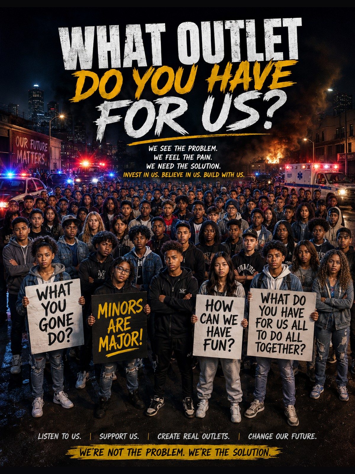What outlet do you have for us? Young people holding signs asking for real outlets - we are not the problem, we are the solution.