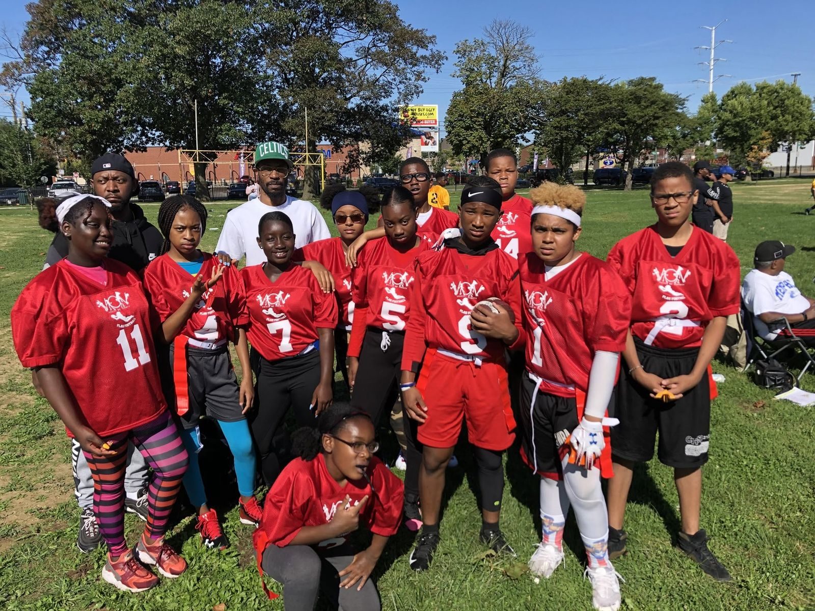 V.O.V flag football team in red jerseys
