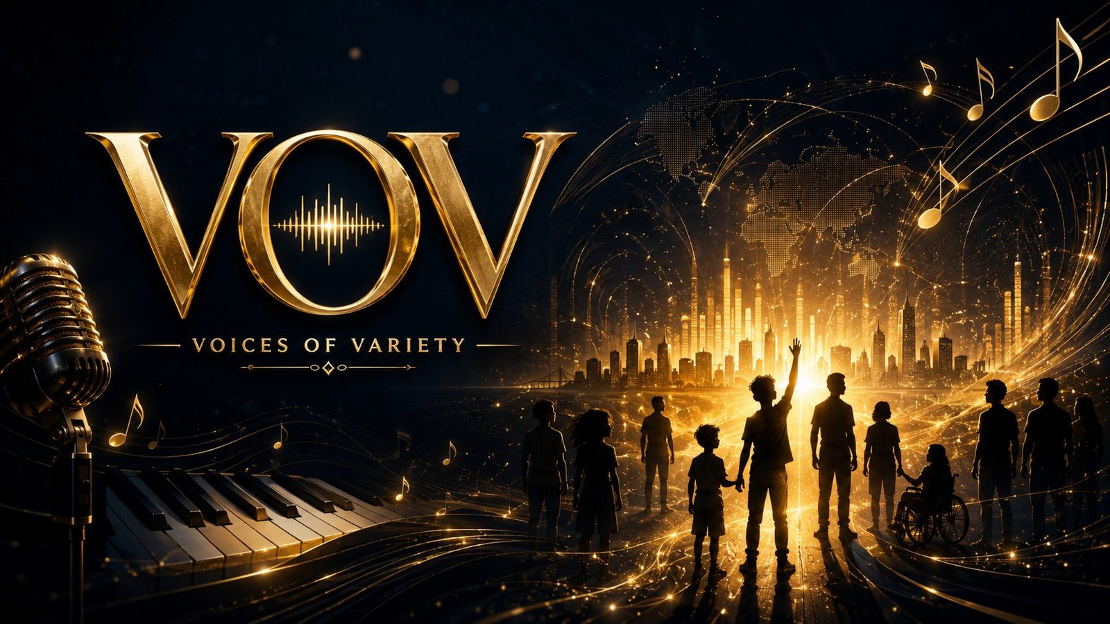 V.O.V — Voices of Variety: a golden skyline rising as a community looks on, music notes filling the sky